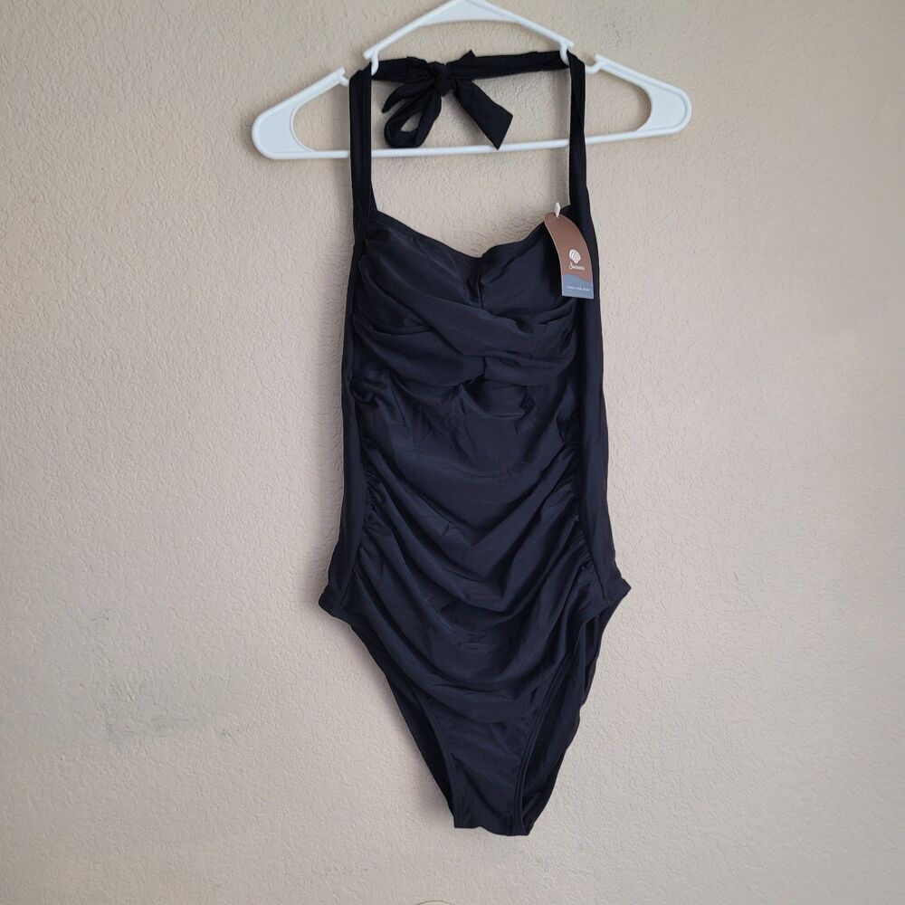SMISMIVO Ruched Halter Black One Piece Swimsuit Size Medium Slimming Lined Nwt